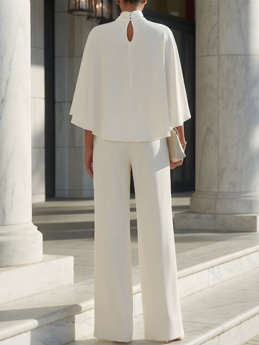 Margot | Cape-Sleeve High-Neck Blouse & Slit Wide-Leg Trousers Set