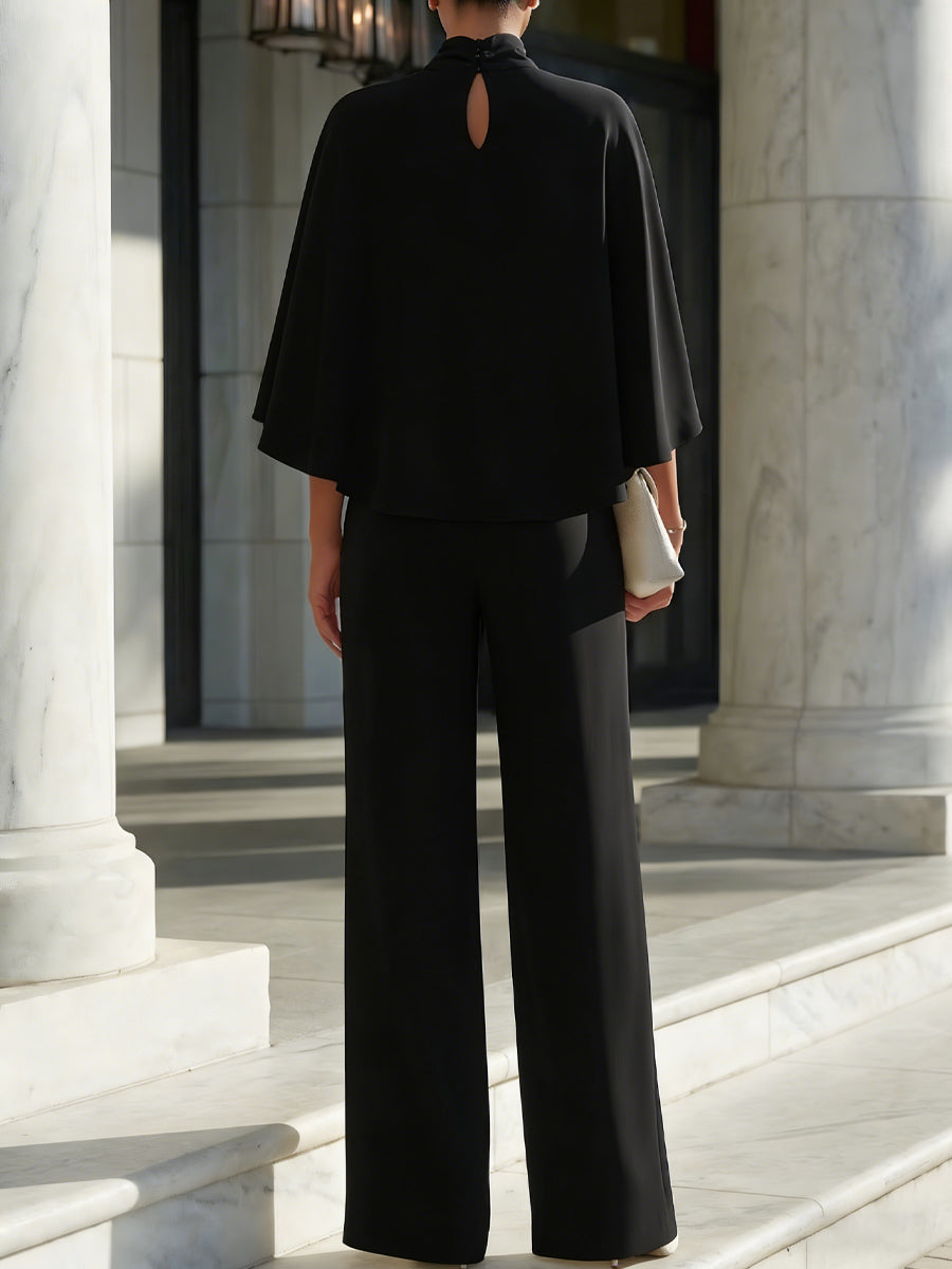 Margot | Cape-Sleeve High-Neck Blouse & Slit Wide-Leg Trousers Set