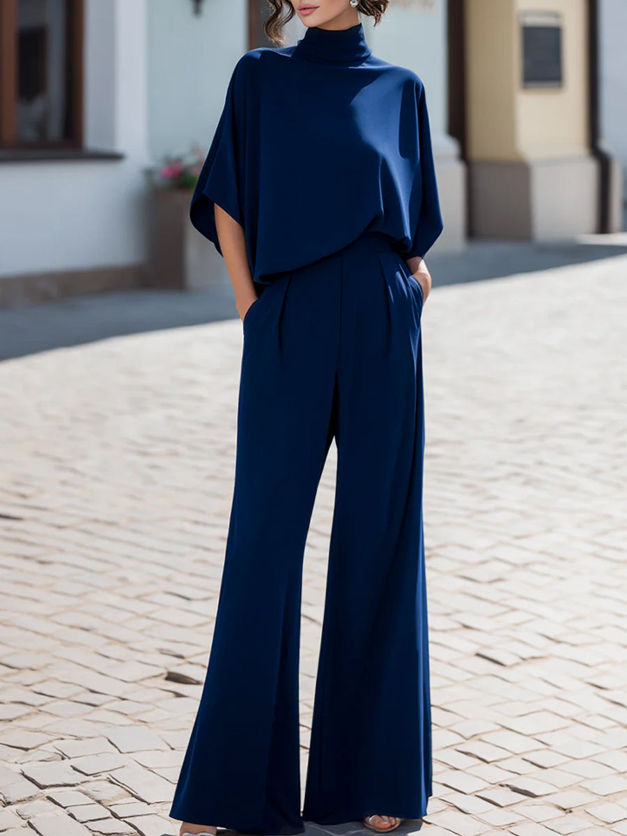 Elaine | Minimalist High-Neck Draped Blouse & Wide-Leg Trouser Set