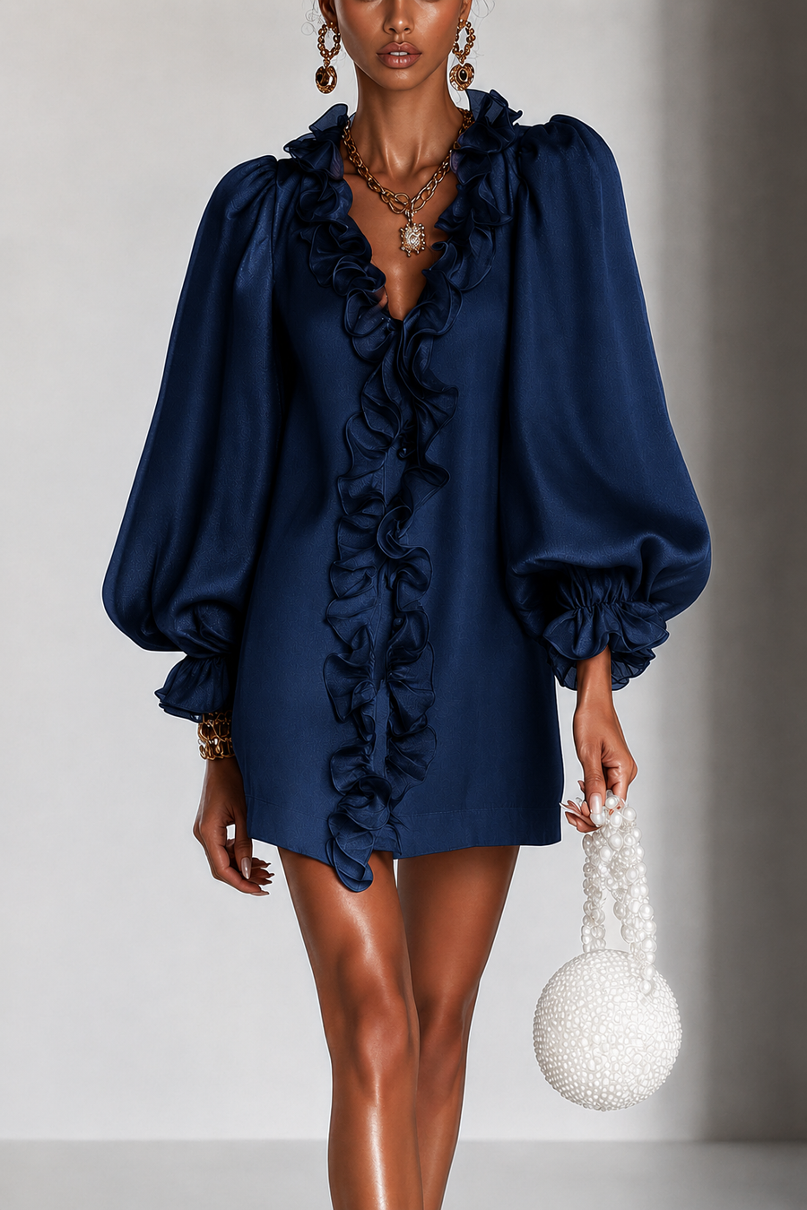 Navy Ruffled Puff-Sleeve Loose Straight-Cut Mini Dress – Beverly & June
