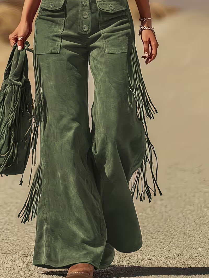 Ketiya | Wide-Leg Cargo Pants with Fringe Trim