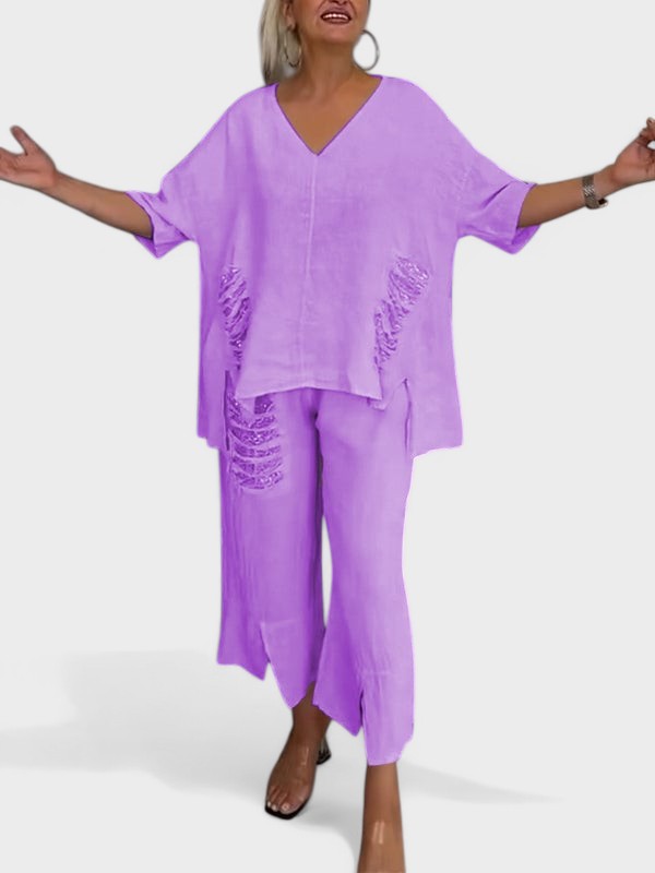 Raisa V-Neck Two-Piece Summer Set in Purple