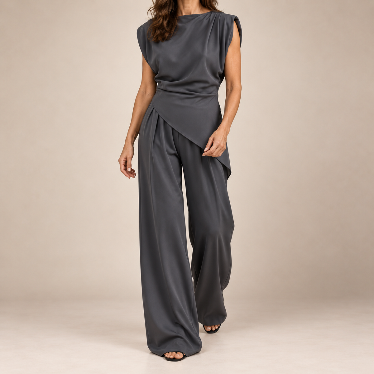 Hazel | Elegant Two-Piece Set with Asymmetric Top and Wide-Leg Pants