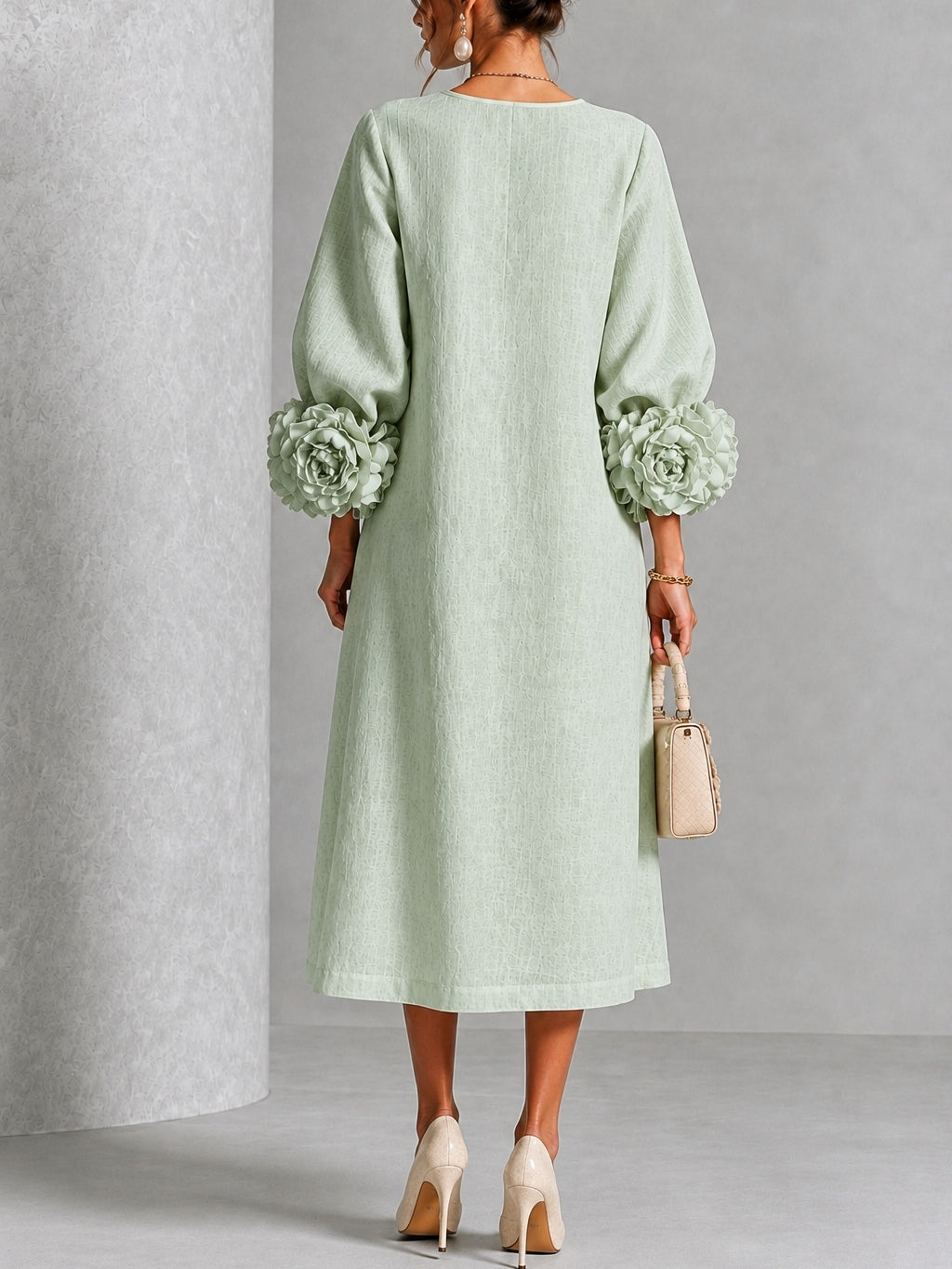 Pearl | Sage Mist Floral Button-Down Midi Dress with Floral Cuffs