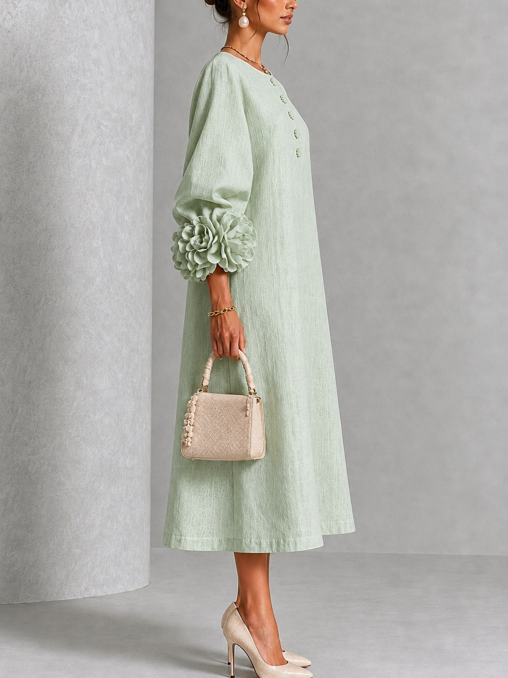 Pearl | Sage Mist Floral Button-Down Midi Dress with Floral Cuffs