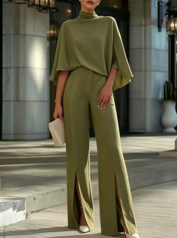 Margot | Cape-Sleeve High-Neck Blouse & Slit Wide-Leg Trousers Set