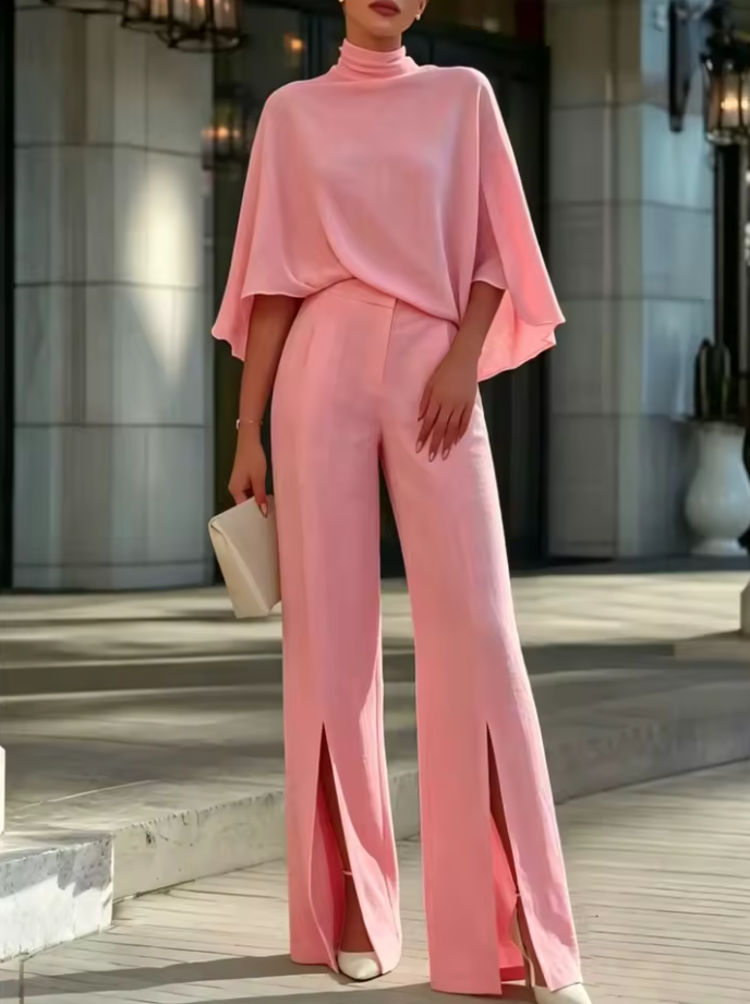 Margot | Cape-Sleeve High-Neck Blouse & Slit Wide-Leg Trousers Set