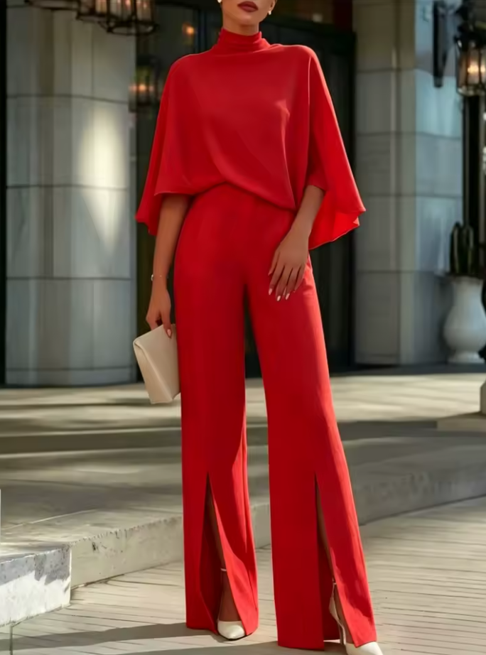 Margot | Cape-Sleeve High-Neck Blouse & Slit Wide-Leg Trousers Set