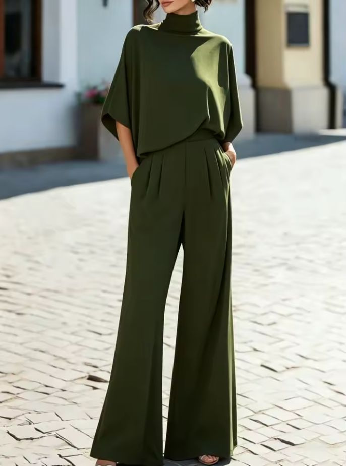 Elaine | Minimalist High-Neck Draped Blouse & Wide-Leg Trouser Set
