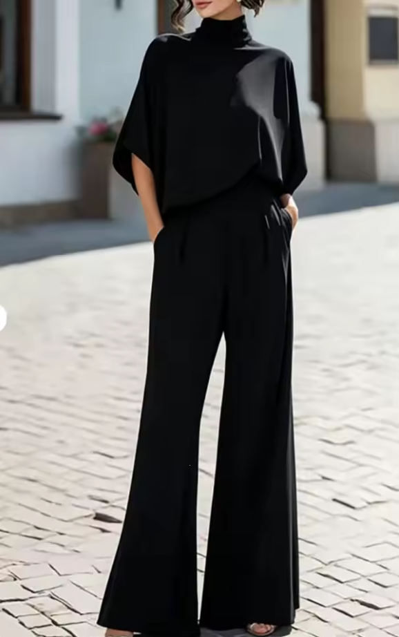 Elaine | Minimalist High-Neck Draped Blouse & Wide-Leg Trouser Set