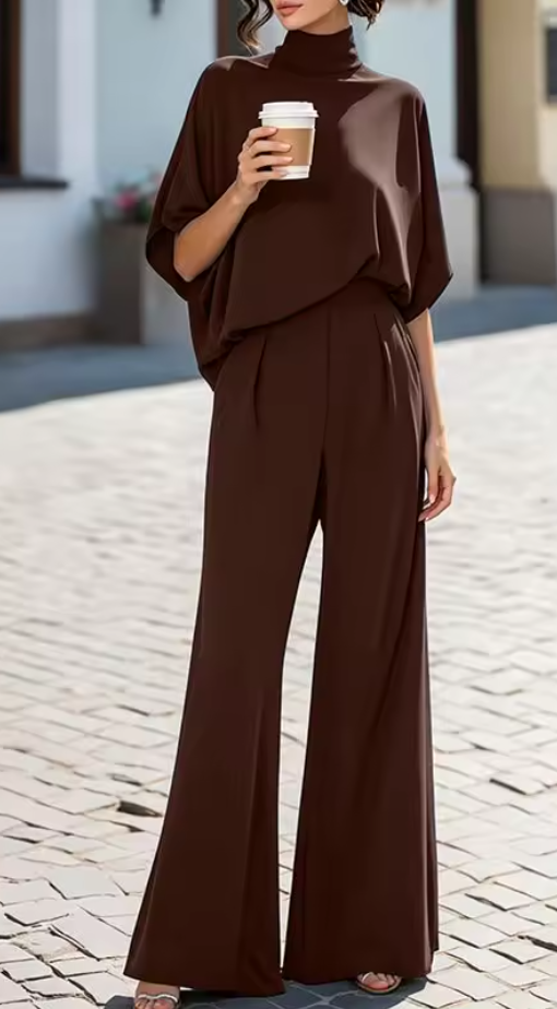Elaine | Minimalist High-Neck Draped Blouse & Wide-Leg Trouser Set