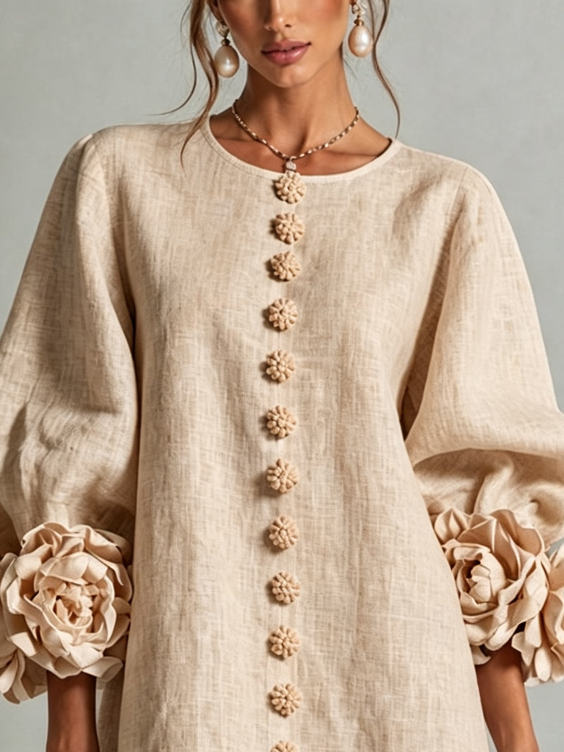 Lorraine | Beige Floral Button-Down Mini Dress with Floral Cuffs