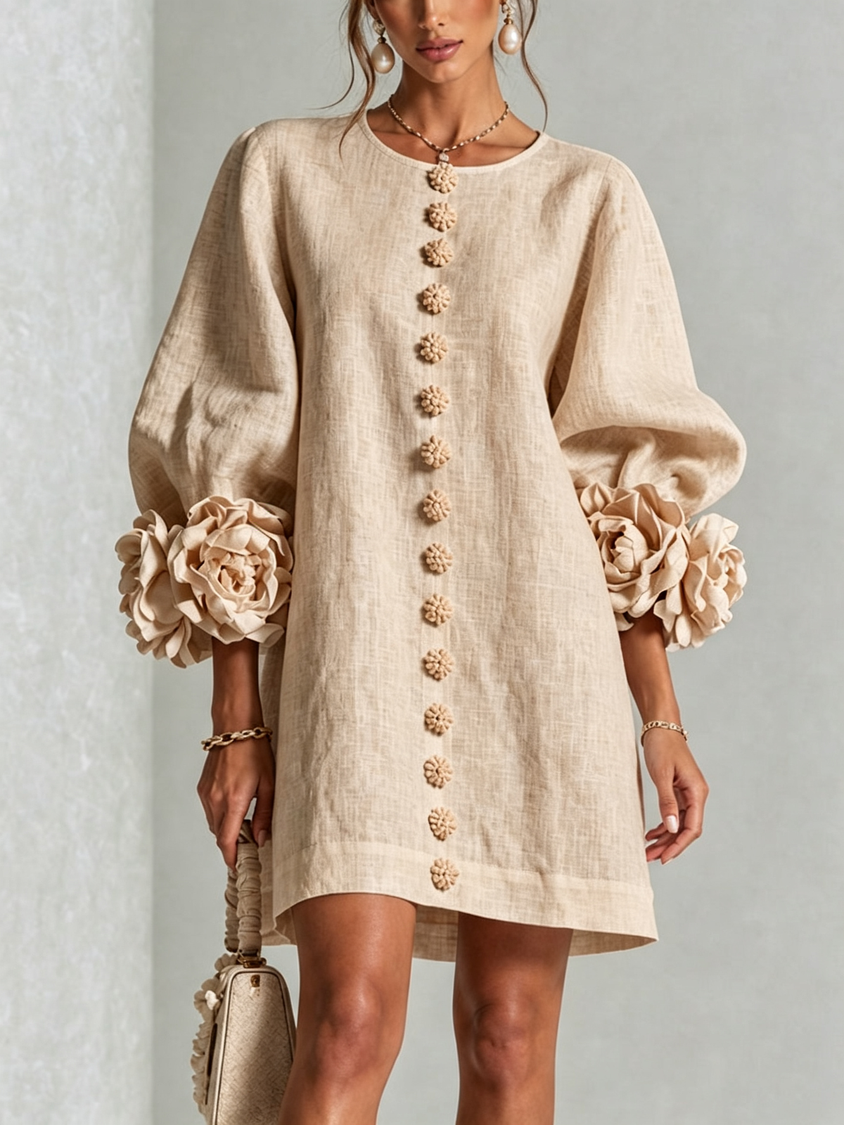 Lorraine | Beige Floral Button-Down Mini Dress with Floral Cuffs