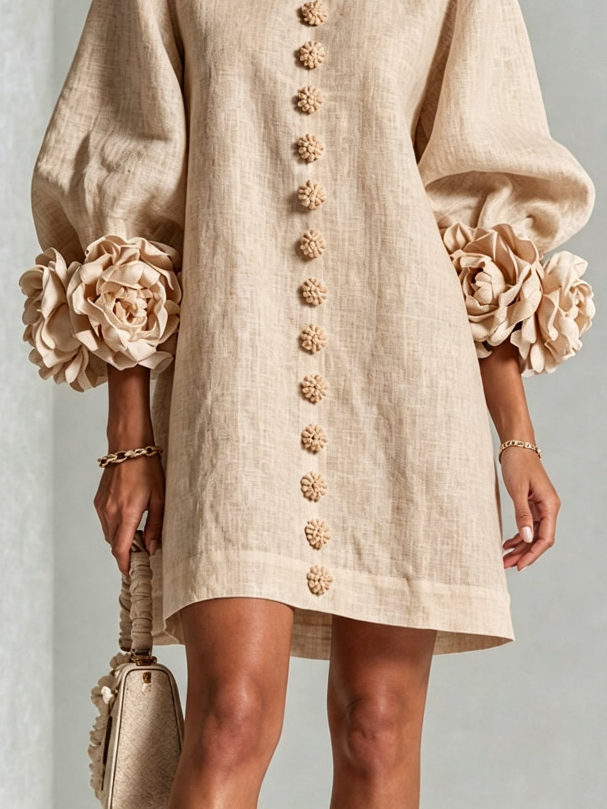 Lorraine | Beige Floral Button-Down Mini Dress with Floral Cuffs