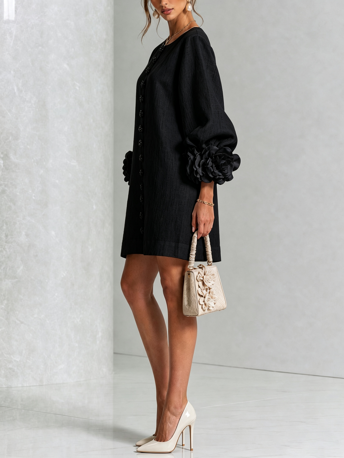 Lorraine | Black Floral Button-Down Mini Dress with Floral Cuffs