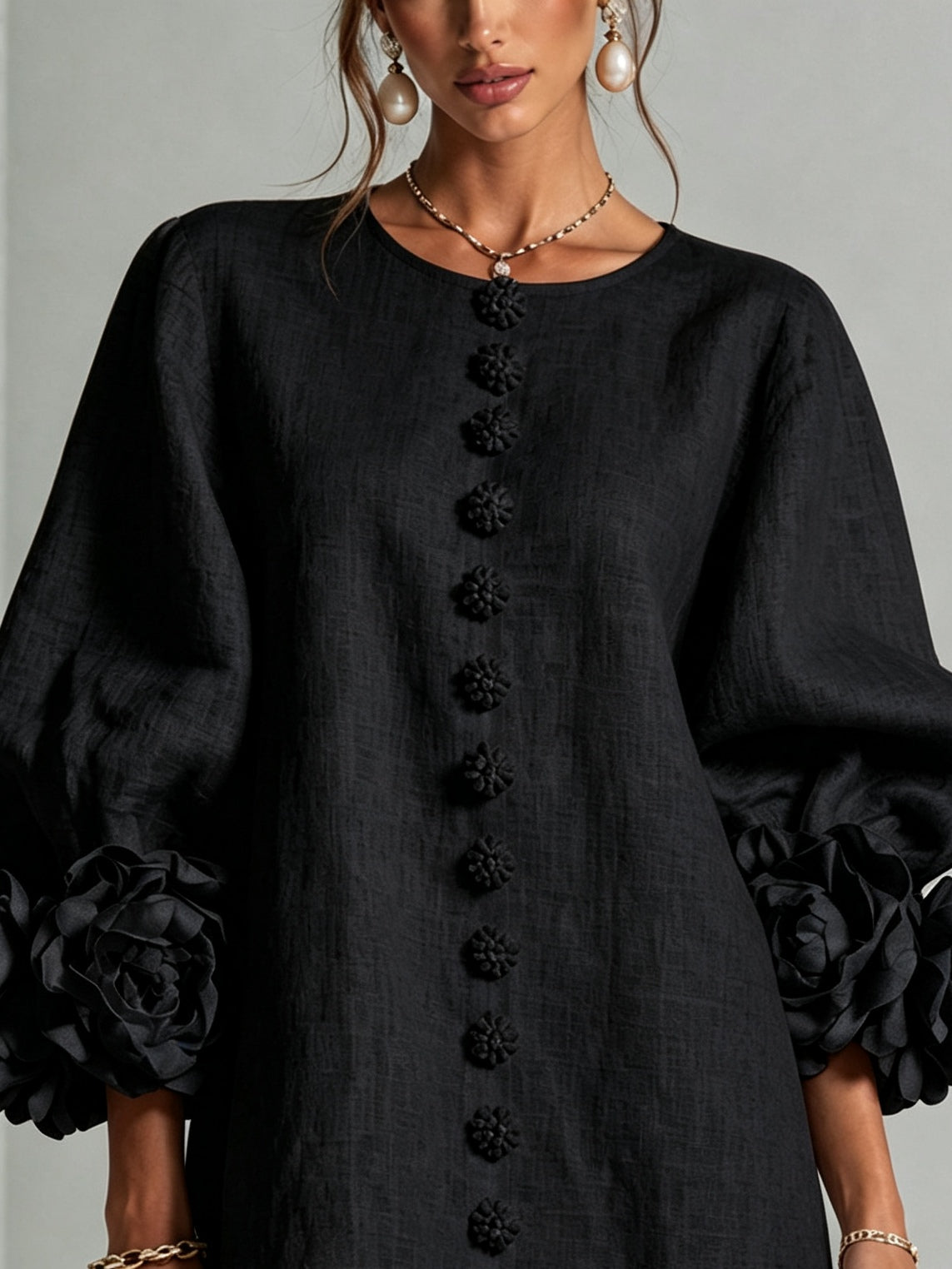 Lorraine | Black Floral Button-Down Mini Dress with Floral Cuffs