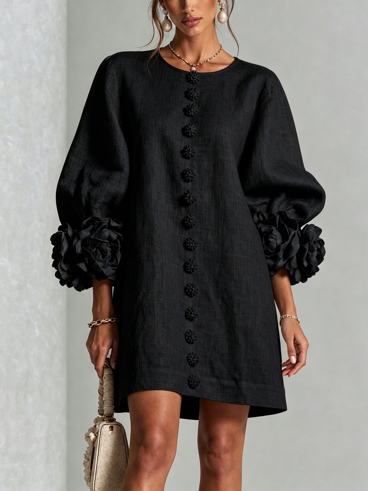 Lorraine | Black Floral Button-Down Mini Dress with Floral Cuffs