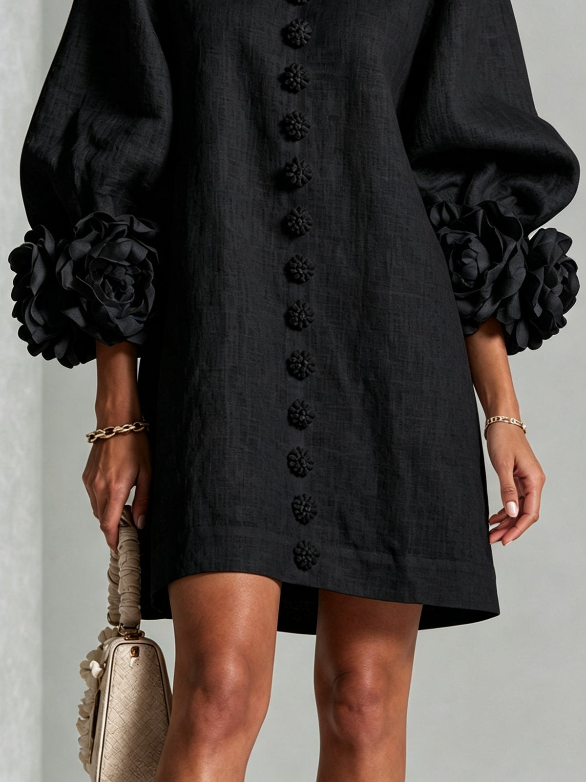 Lorraine | Black Floral Button-Down Mini Dress with Floral Cuffs