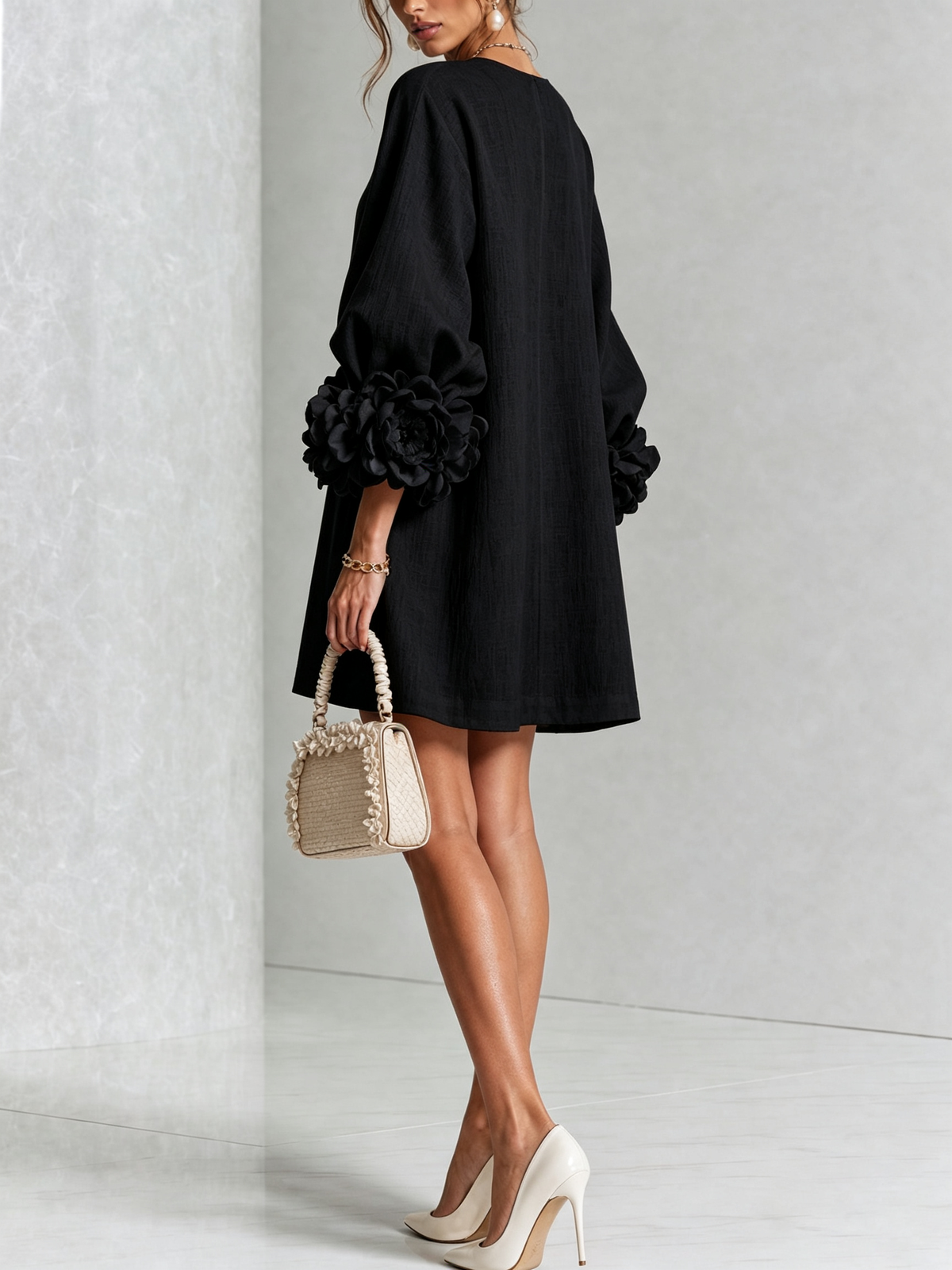 Lorraine | Black Floral Button-Down Mini Dress with Floral Cuffs