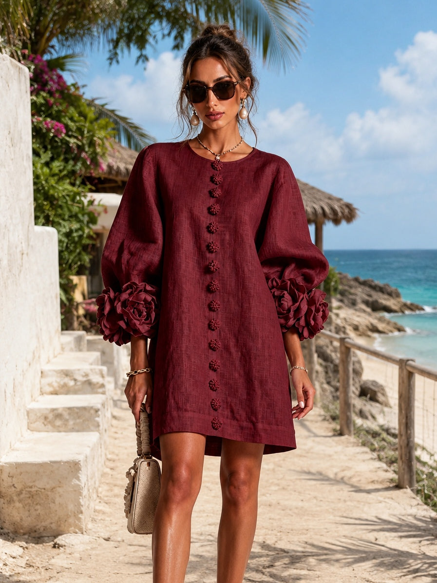 Lorraine | Burgundy Floral Button-Down Mini Dress with Floral Cuffs