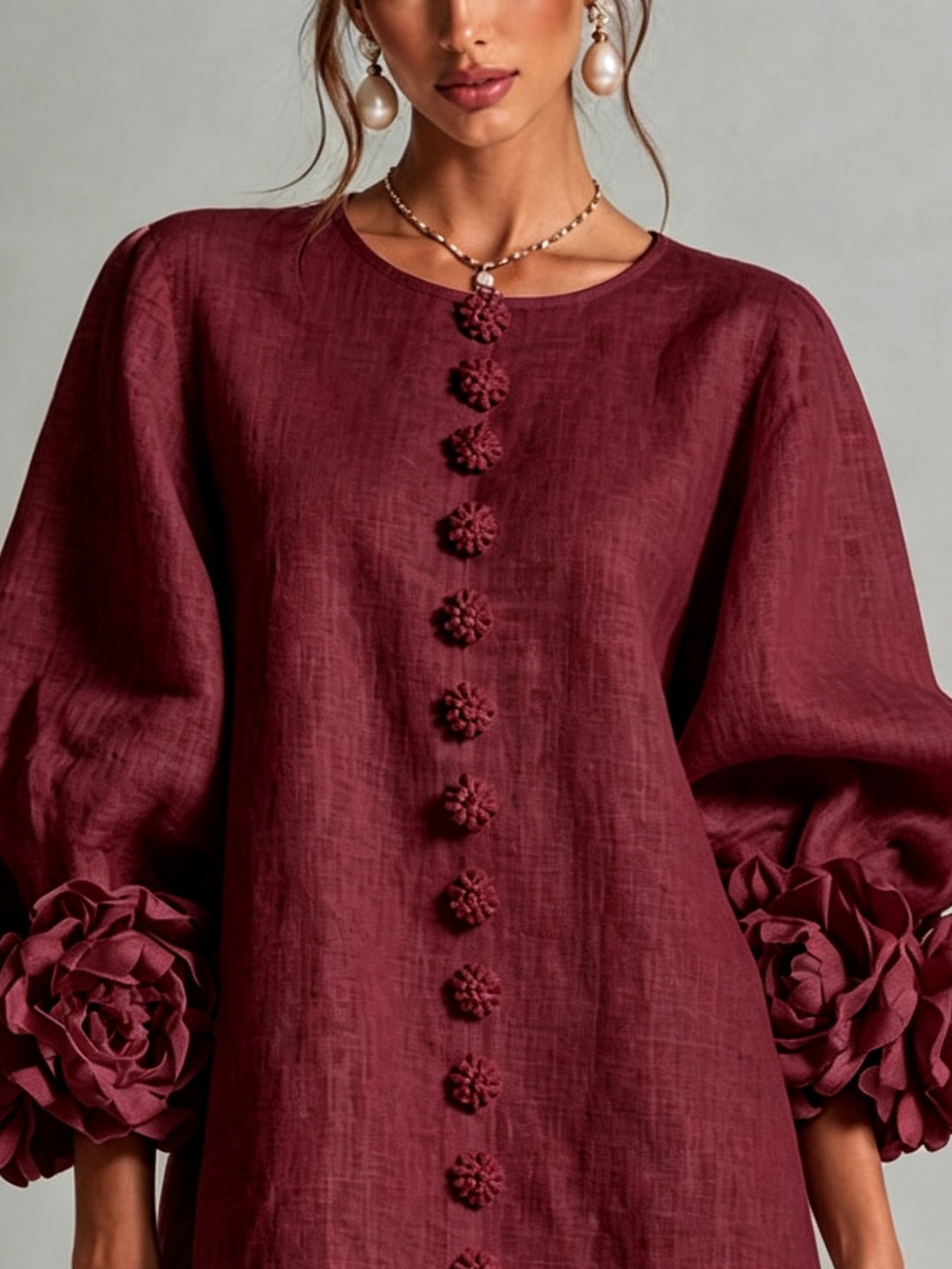 Lorraine | Burgundy Floral Button-Down Mini Dress with Floral Cuffs