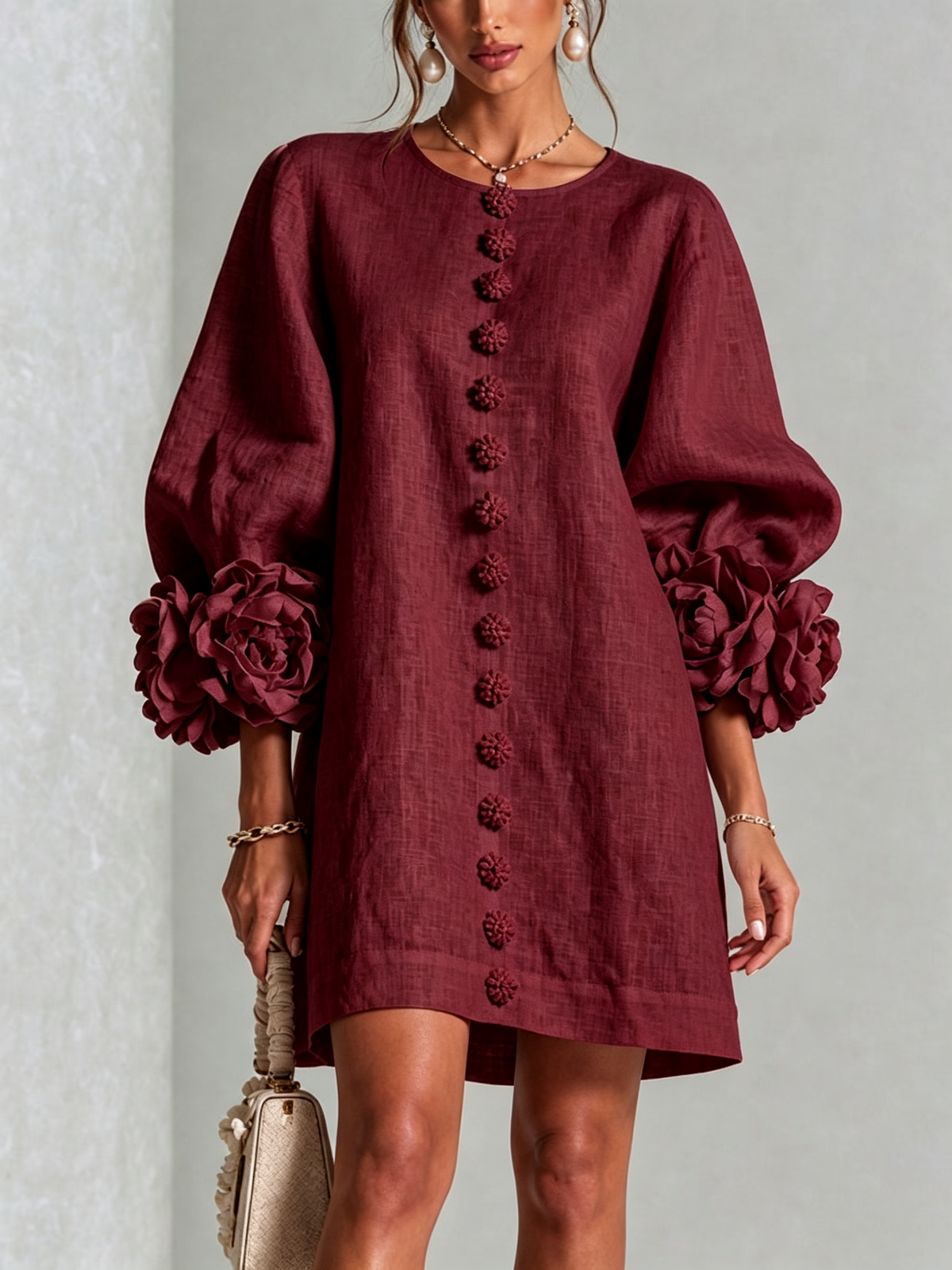 Lorraine | Burgundy Floral Button-Down Mini Dress with Floral Cuffs