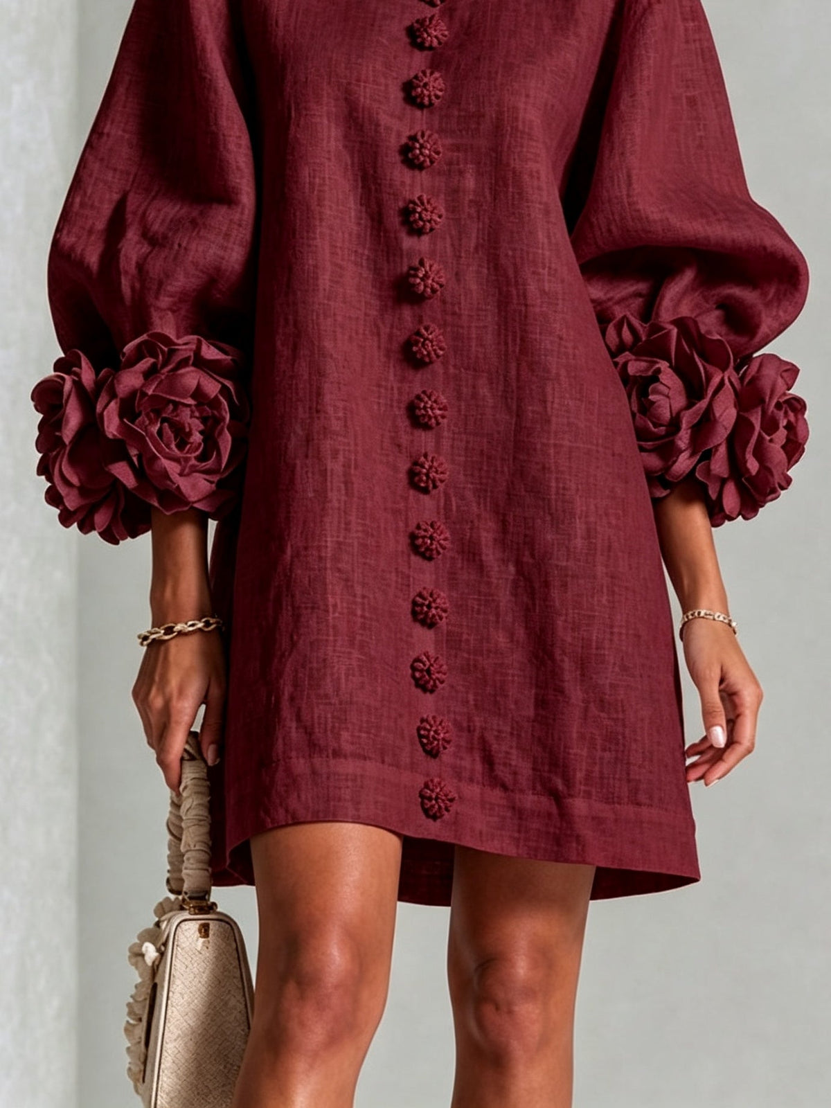 Lorraine | Burgundy Floral Button-Down Mini Dress with Floral Cuffs