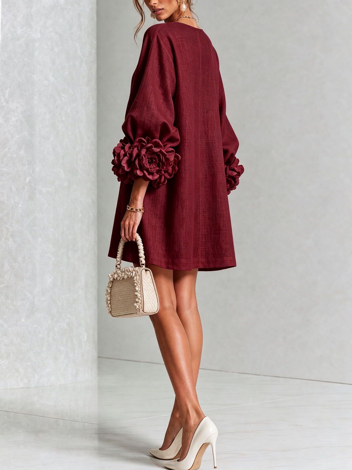 Lorraine | Burgundy Floral Button-Down Mini Dress with Floral Cuffs