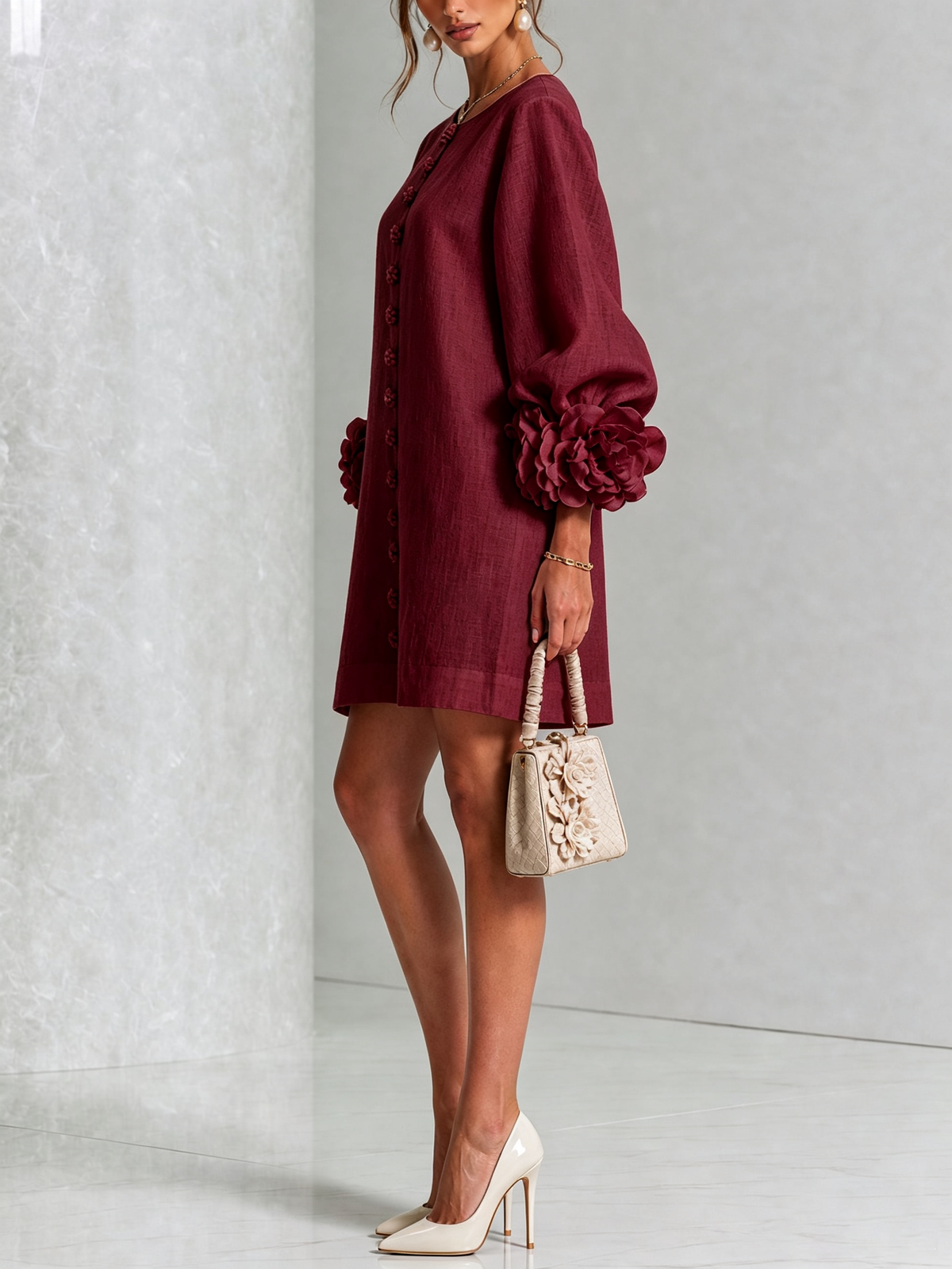 Lorraine | Burgundy Floral Button-Down Mini Dress with Floral Cuffs