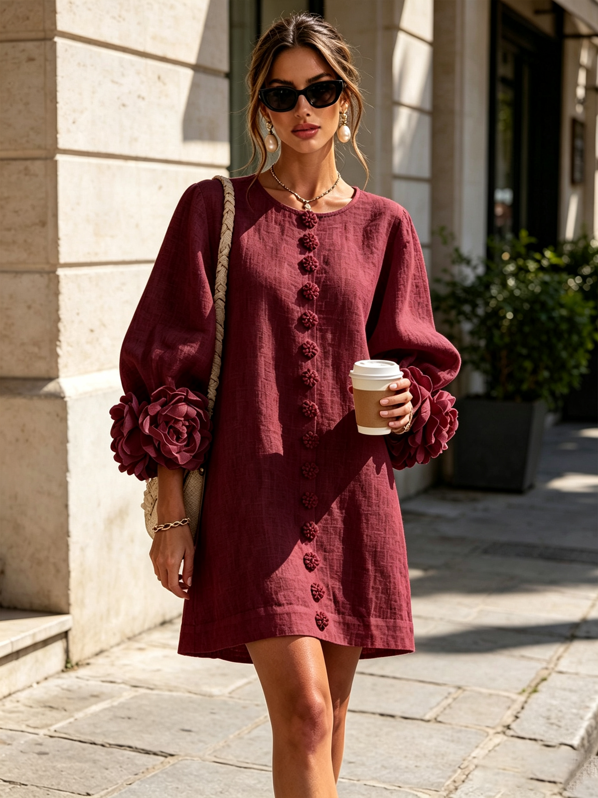 Lorraine | Burgundy Floral Button-Down Mini Dress with Floral Cuffs