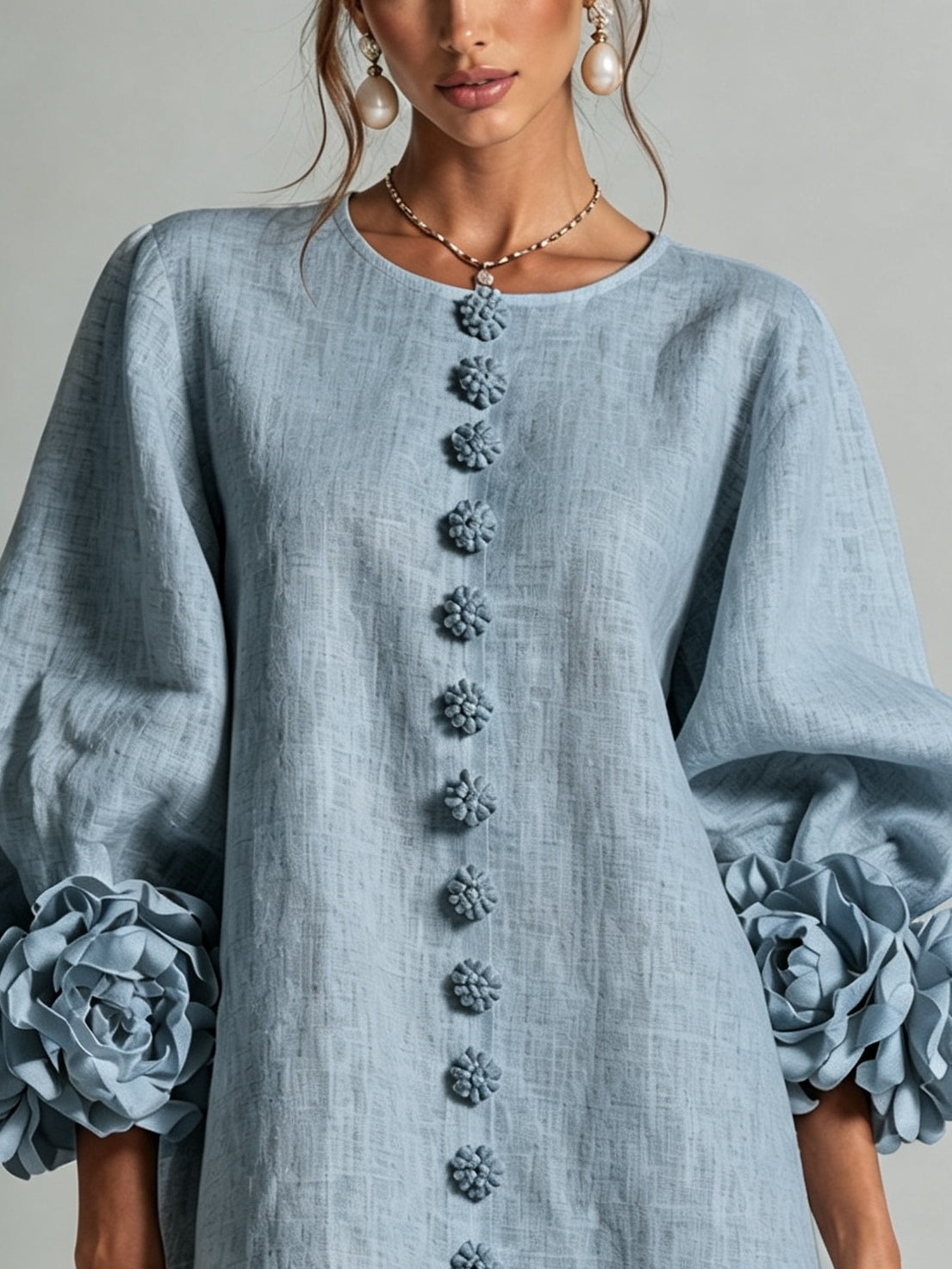 Lorraine | Dusty Blue Floral Button-Down Mini Dress with Floral Cuffs