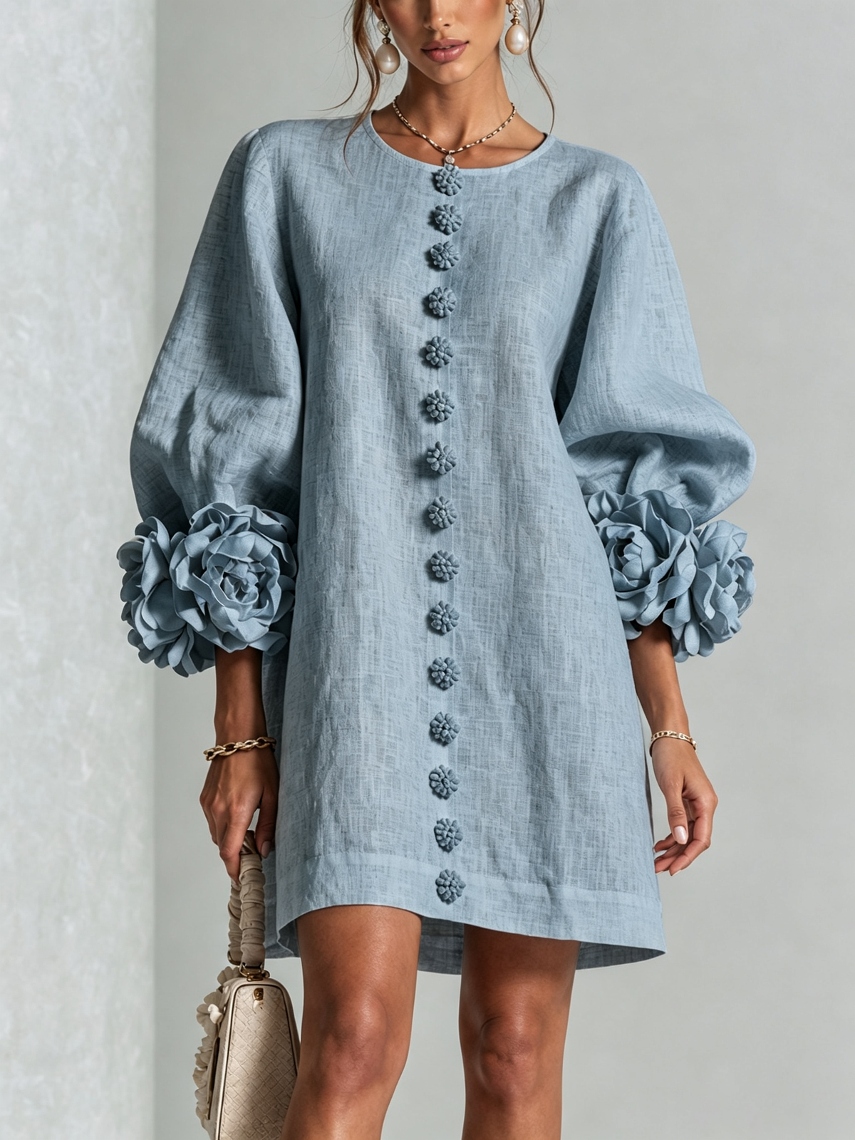Lorraine | Dusty Blue Floral Button-Down Mini Dress with Floral Cuffs