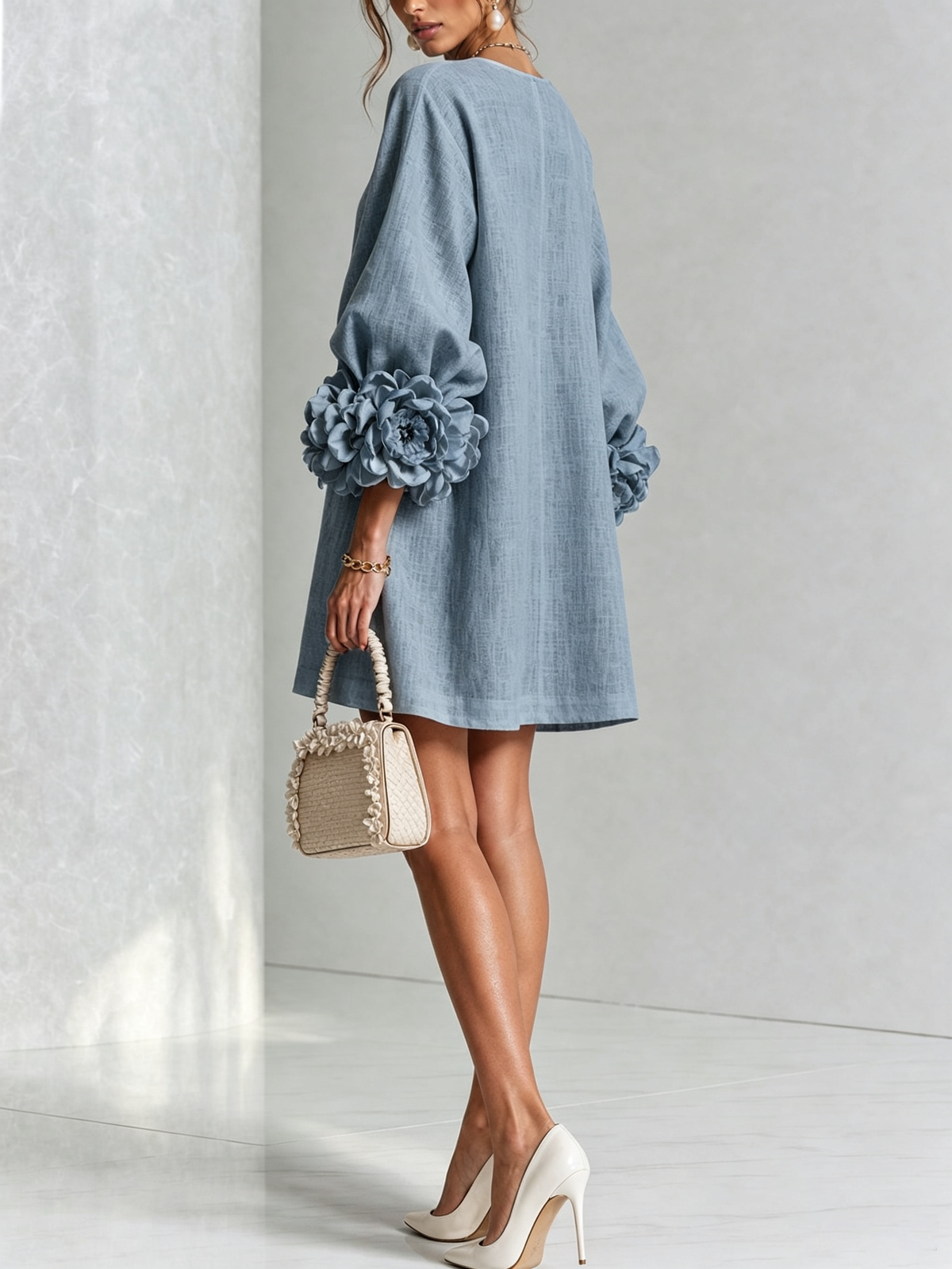 Lorraine | Dusty Blue Floral Button-Down Mini Dress with Floral Cuffs