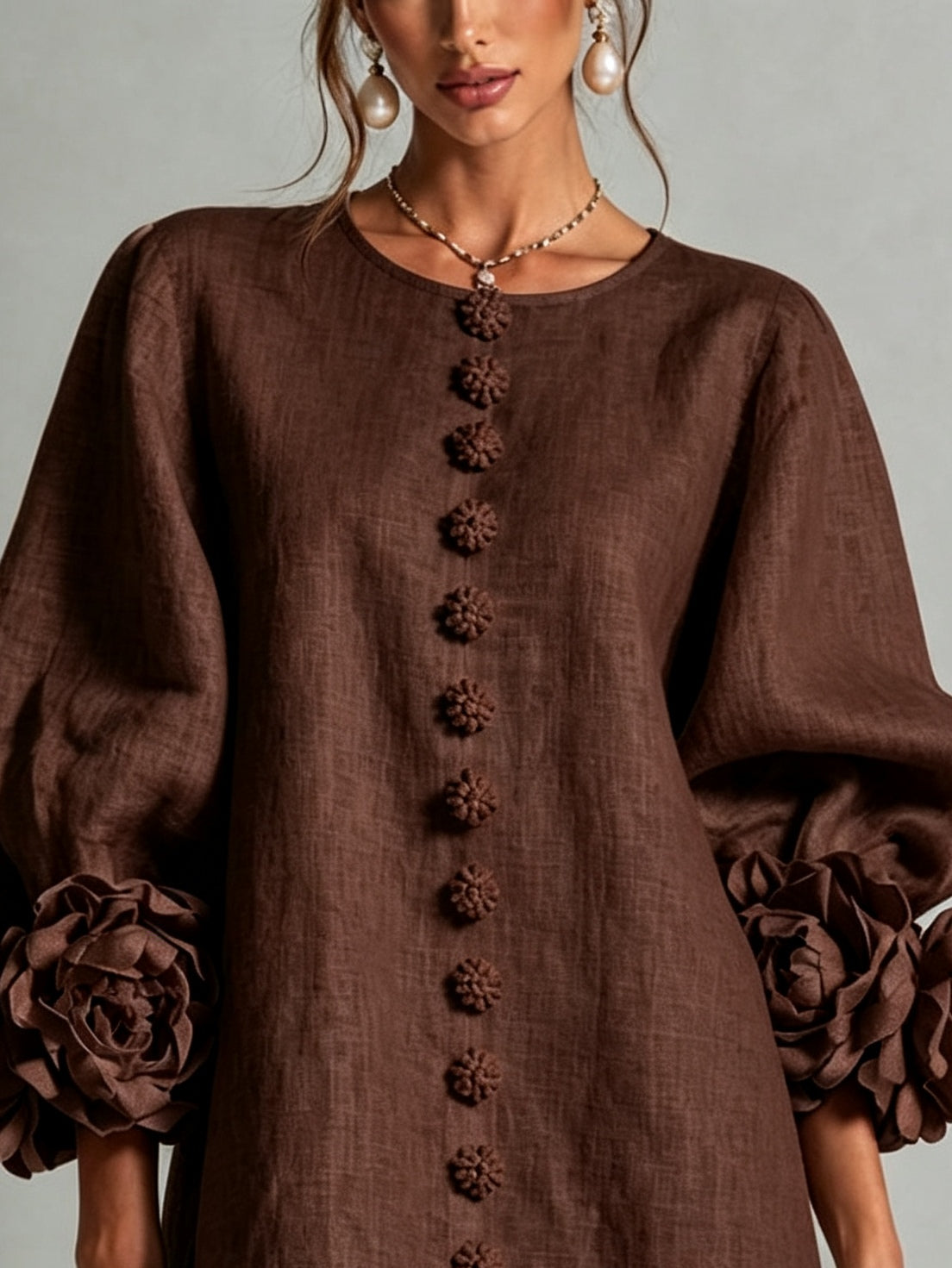 Lorraine | Chocolate Brown Floral Button-Down Mini Dress with Floral Cuffs