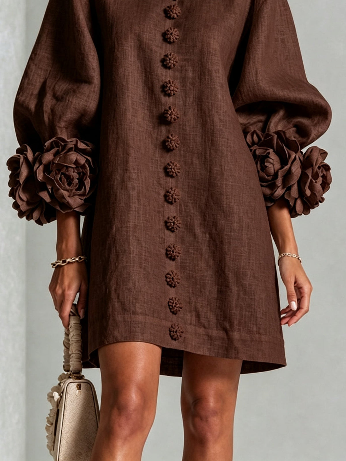 Lorraine | Chocolate Brown Floral Button-Down Mini Dress with Floral Cuffs