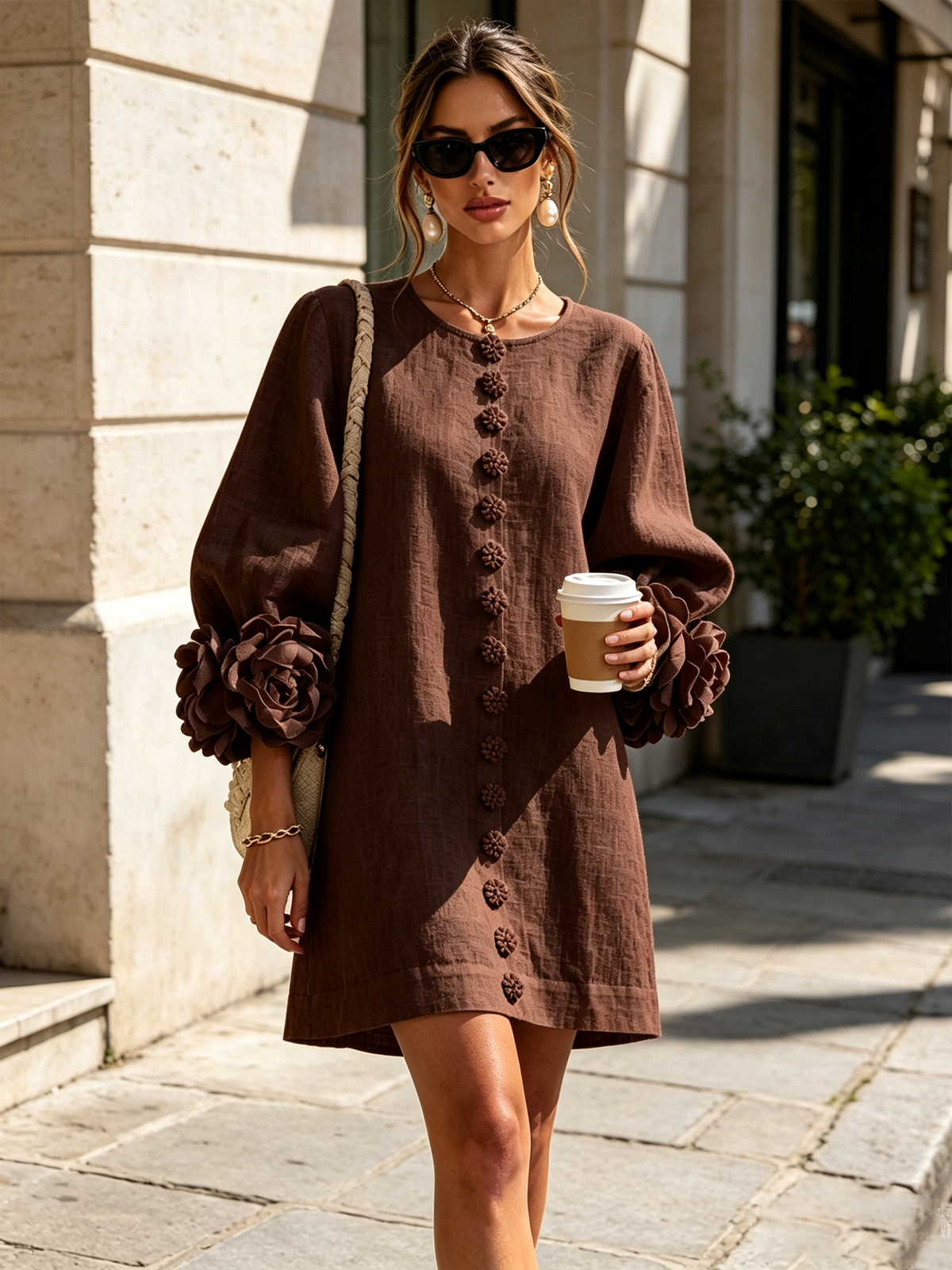Lorraine | Chocolate Brown Floral Button-Down Mini Dress with Floral Cuffs