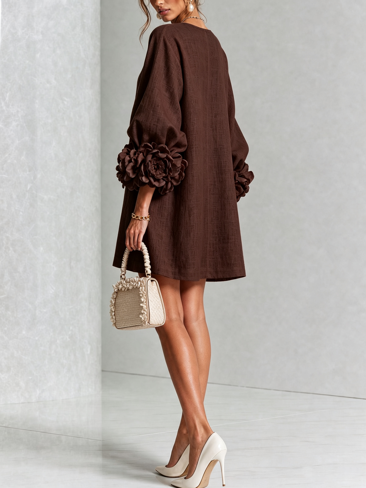 Lorraine | Chocolate Brown Floral Button-Down Mini Dress with Floral Cuffs