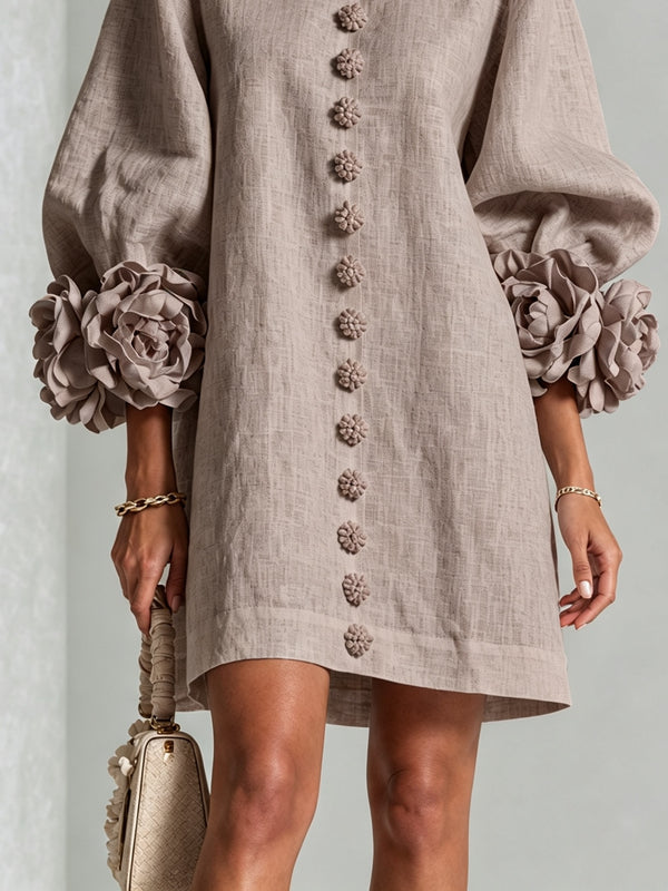 Lorraine | Mushroom Taupe Floral Button-Down Mini Dress with Floral Cuffs