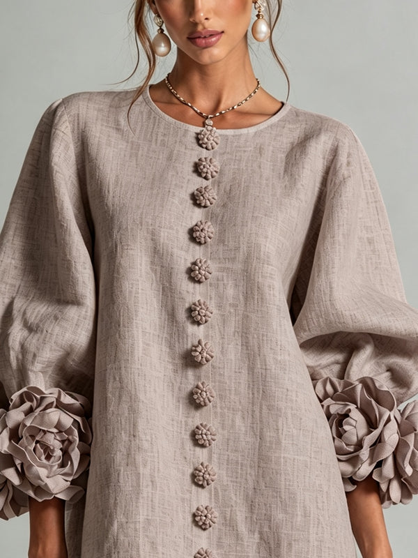 Lorraine | Mushroom Taupe Floral Button-Down Mini Dress with Floral Cuffs
