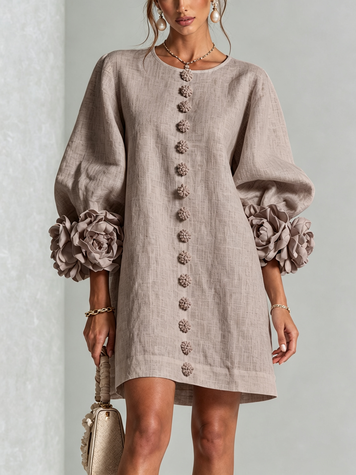 Lorraine | Mushroom Taupe Floral Button-Down Mini Dress with Floral Cuffs