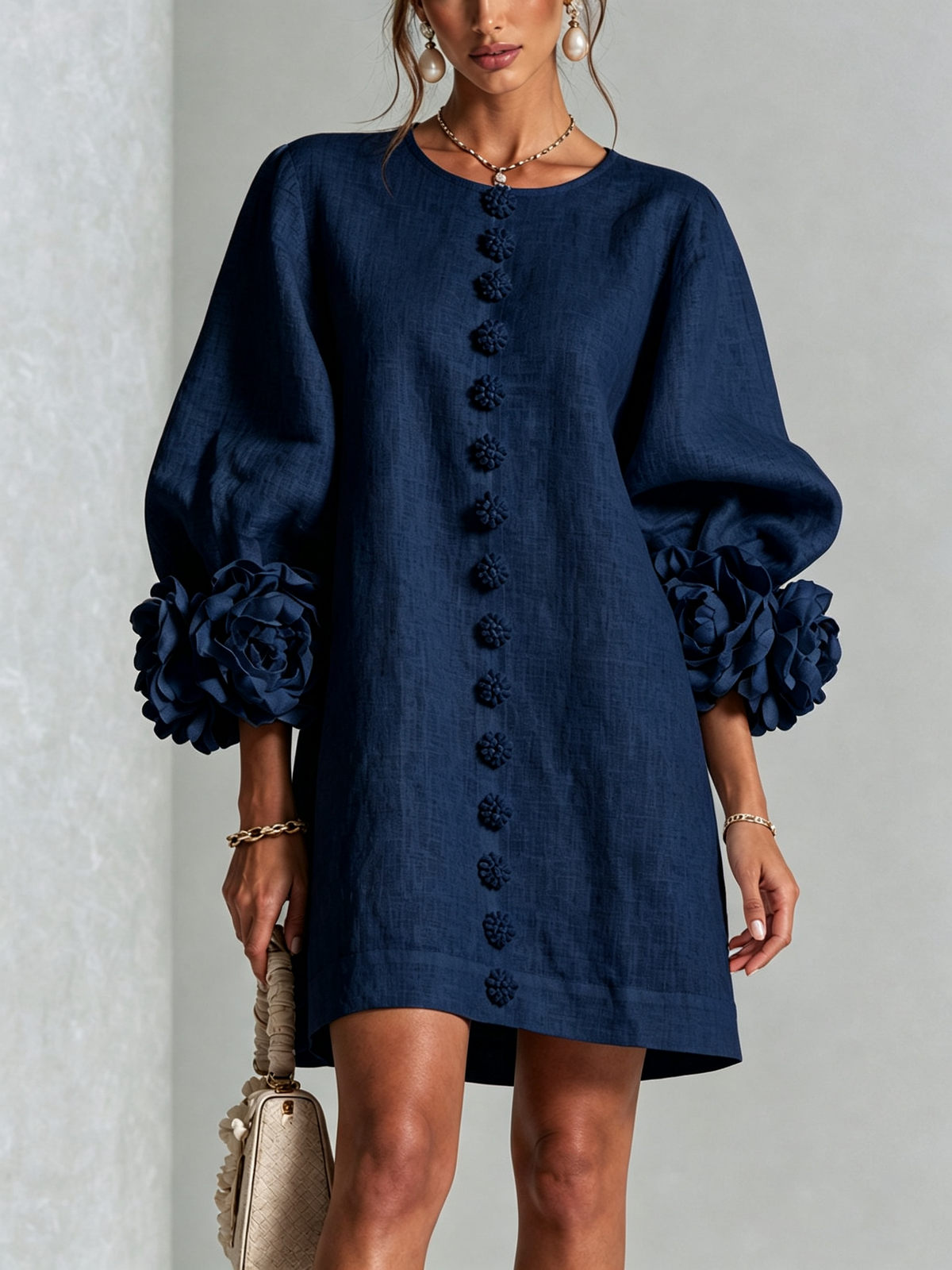 Lorraine | Navy Floral Button-Down Mini Dress with Floral Cuffs