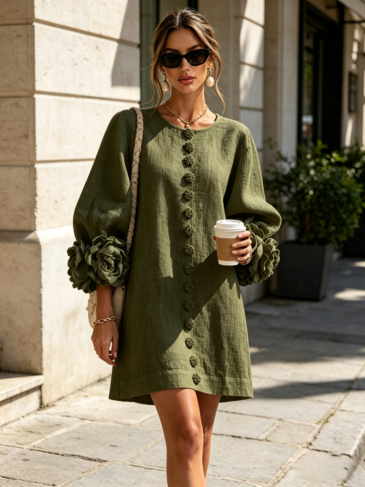 Lorraine | Olive Floral Button-Down Mini Dress with Floral Cuffs