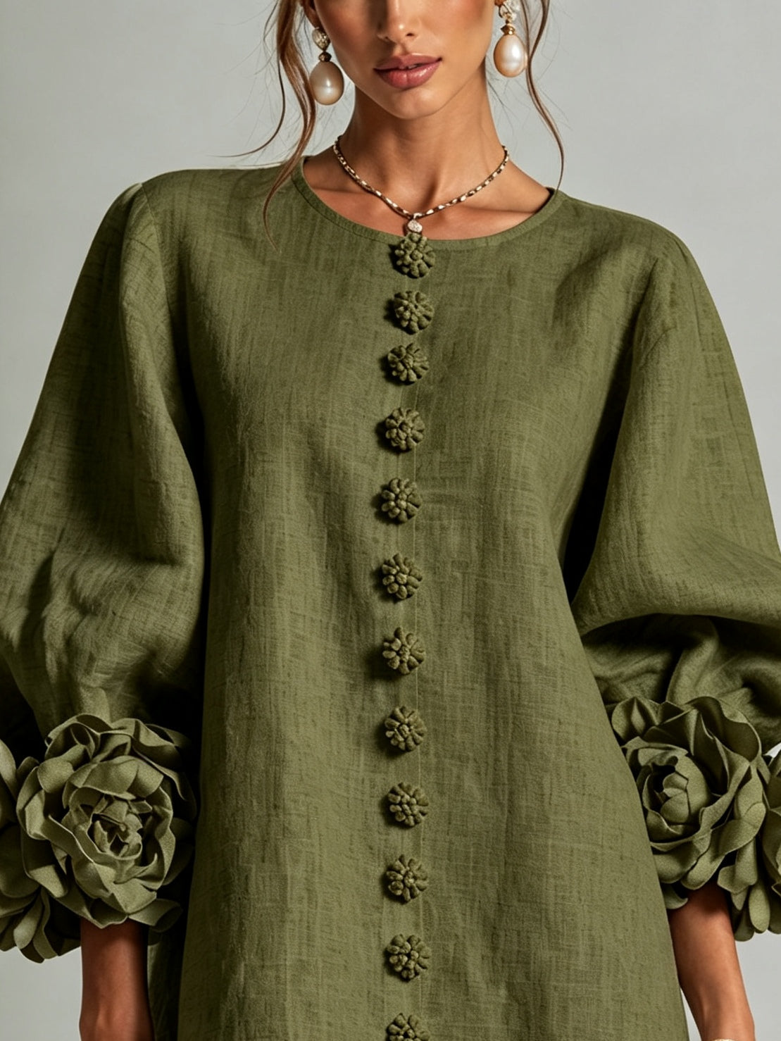 Lorraine | Olive Floral Button-Down Mini Dress with Floral Cuffs