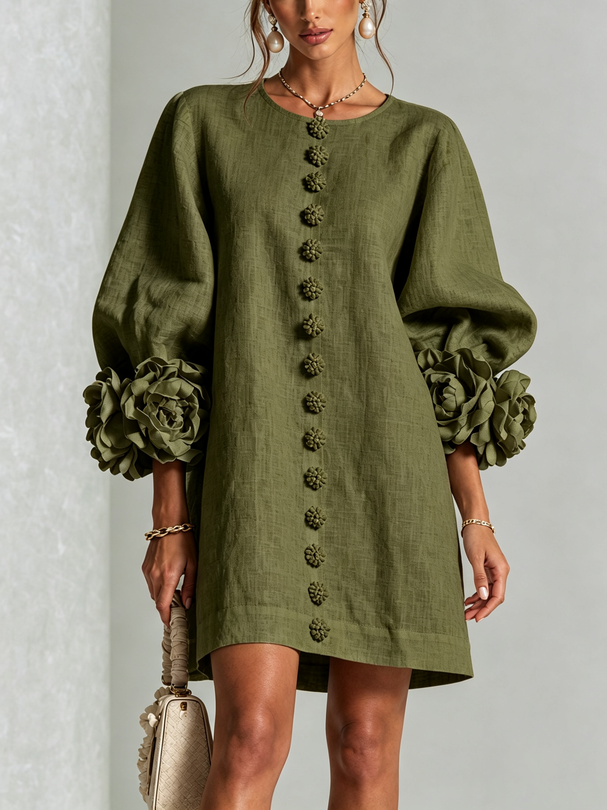 Lorraine | Olive Floral Button-Down Mini Dress with Floral Cuffs