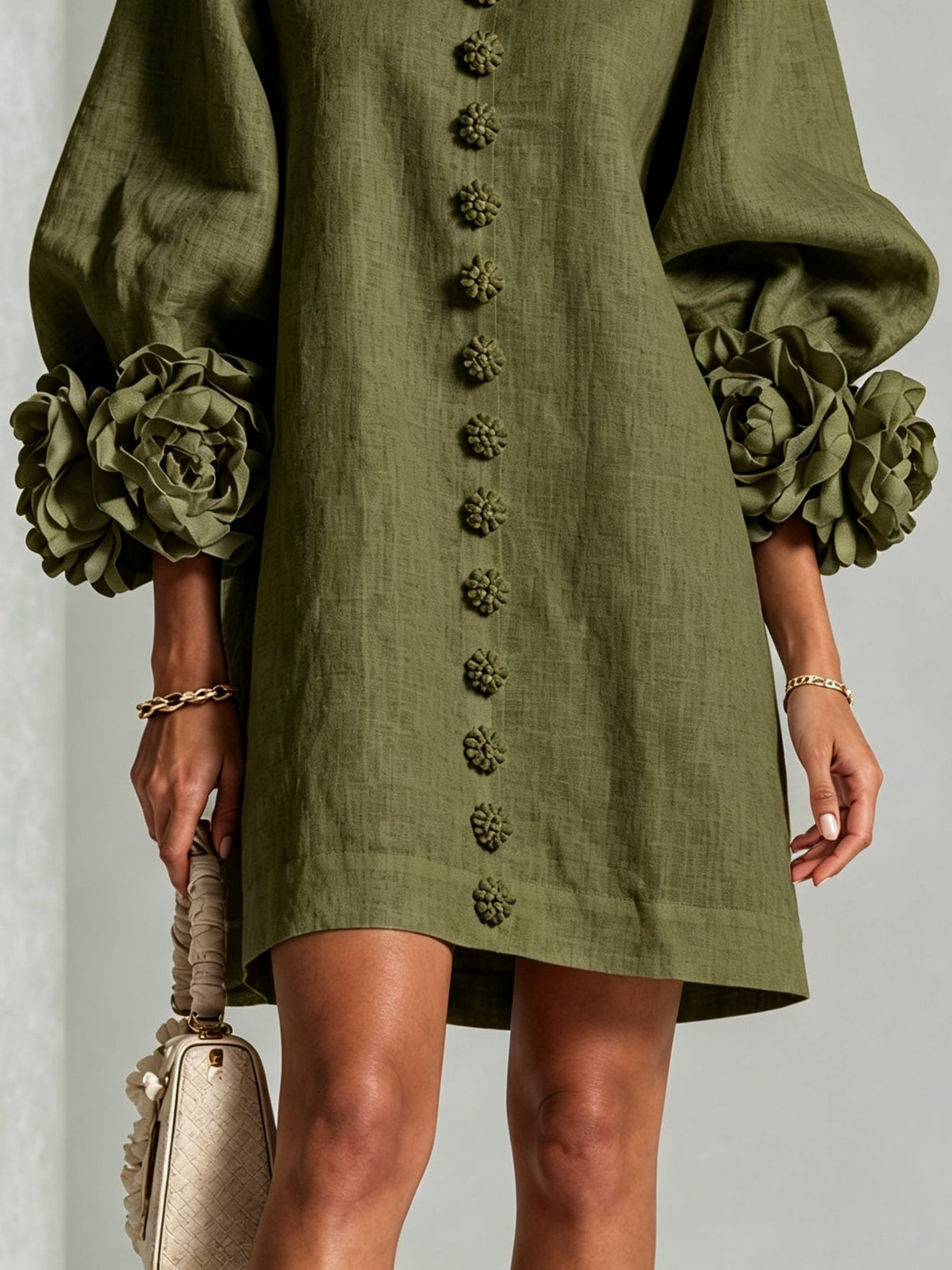 Lorraine | Olive Floral Button-Down Mini Dress with Floral Cuffs