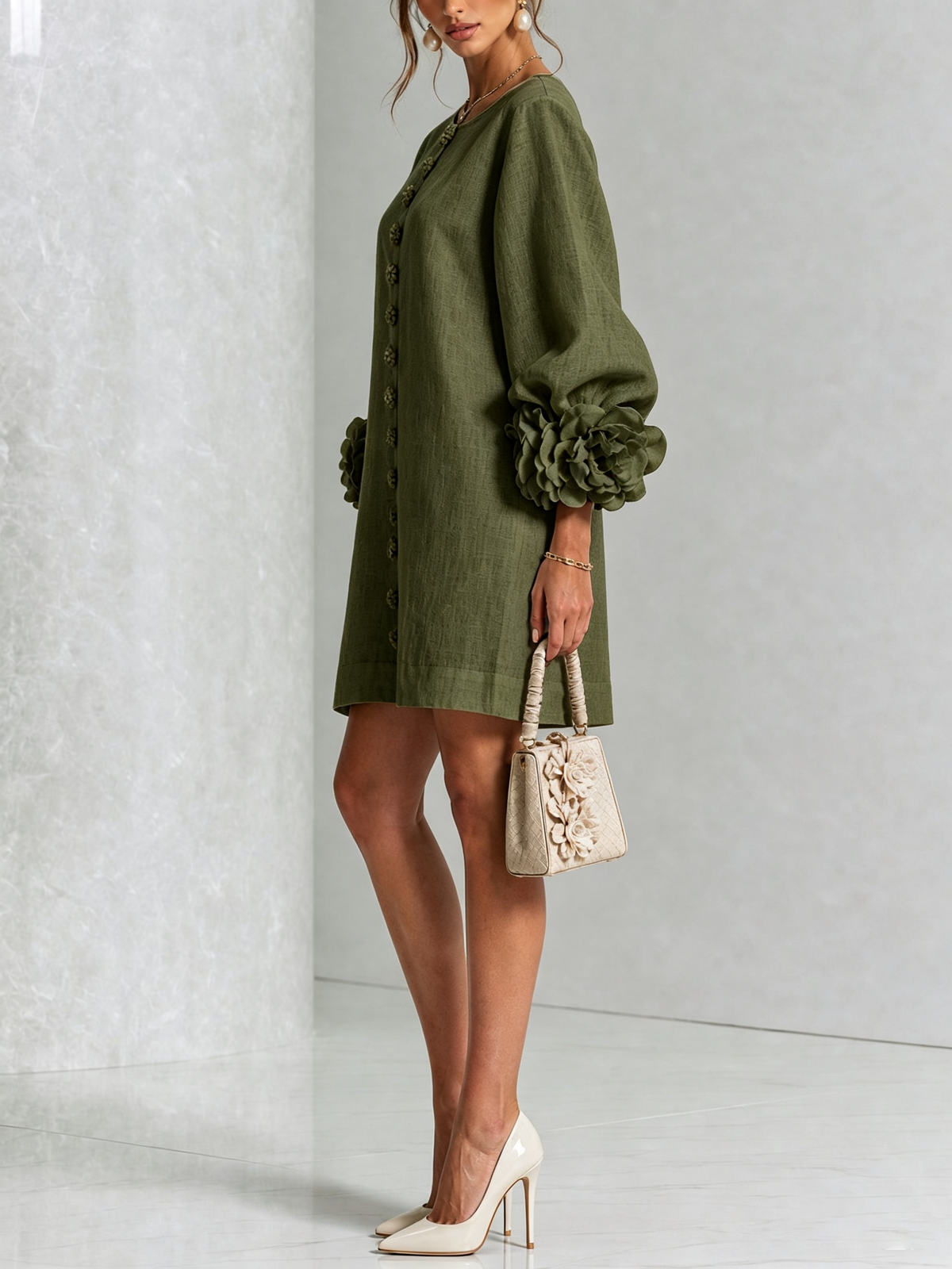 Lorraine | Olive Floral Button-Down Mini Dress with Floral Cuffs