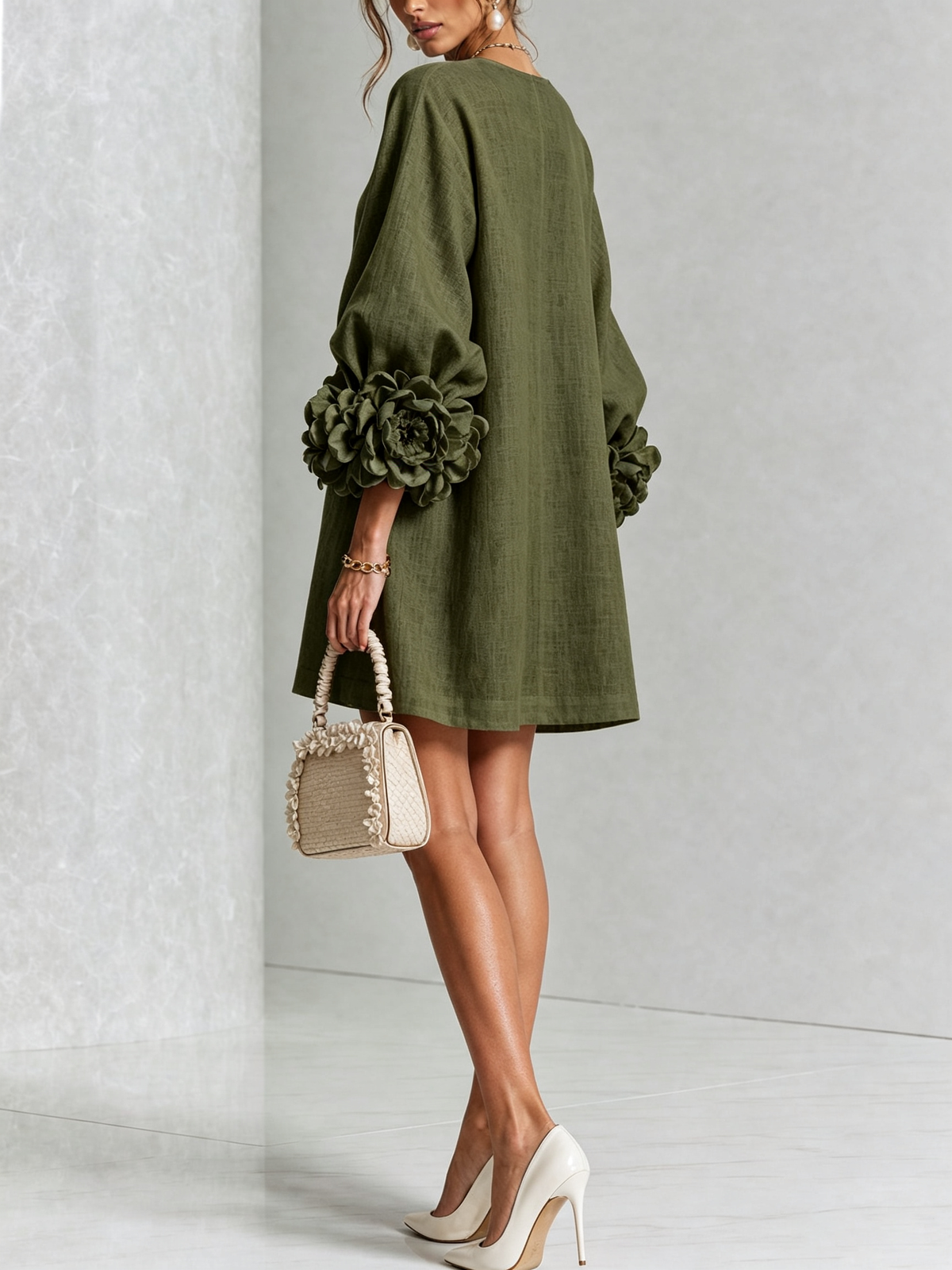 Lorraine | Olive Floral Button-Down Mini Dress with Floral Cuffs
