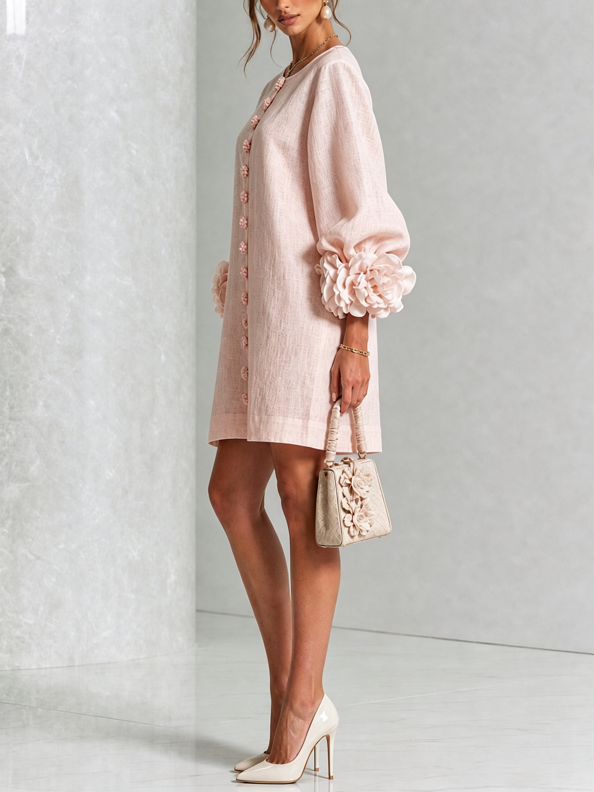Lorraine | Pink Floral Button-Down Mini Dress with Floral Cuffs