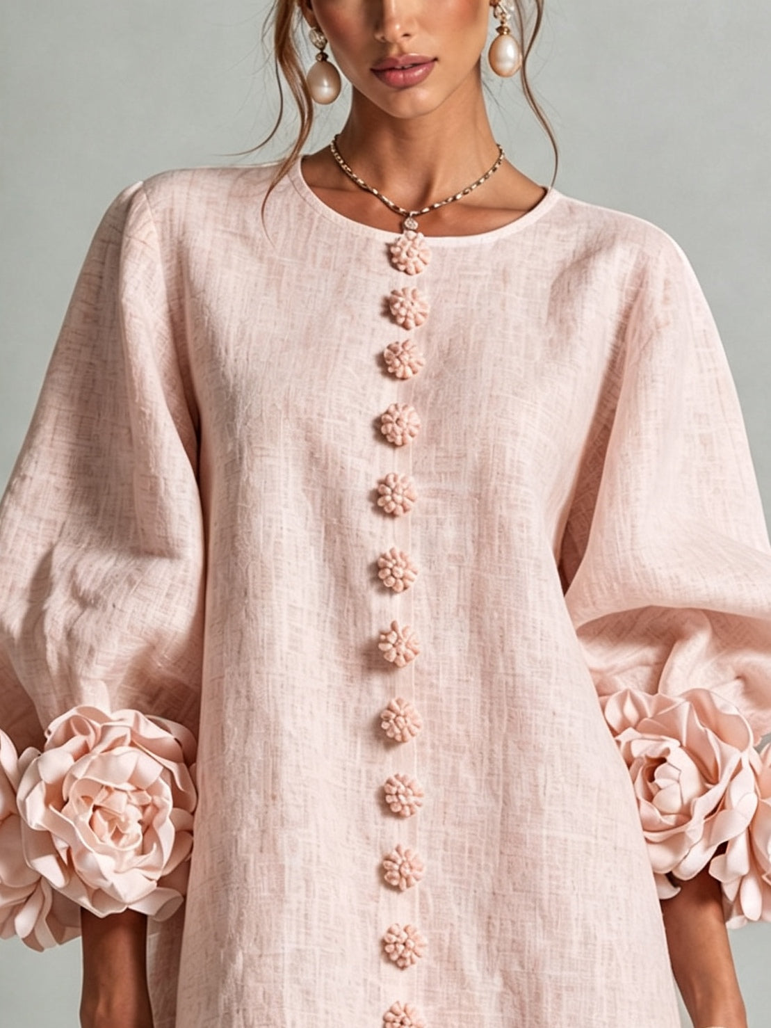 Lorraine | Pink Floral Button-Down Mini Dress with Floral Cuffs