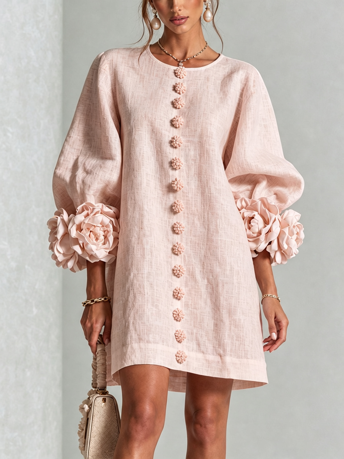 Lorraine | Pink Floral Button-Down Mini Dress with Floral Cuffs